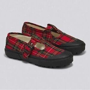 NWOT Vans T-Strap Mary Janes Sneakers-Red/Black Tartan Plaid-Womens 9.5-Punk-NEW
